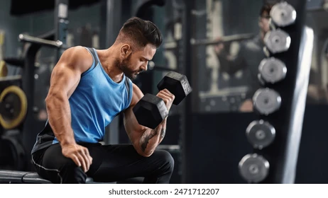 bodybuilder pumping his biceps dumbbell 260nw 2471712207