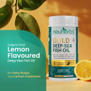 Home neuherbs gold deep sea 6x omega 3 fish oil capsules 60 softgels | epa 1080mg & dha 720mg | vitamin e & d3 for muscle, brain & joints support | lemon flavour | no fishy burps| heavy metals tested