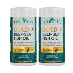 neuherbs gold deep sea 6x omega 3 fish oil capsules 60 softgels | epa 1080mg & dha 720mg | vitamin e & d3 for muscle, brain & joints support | lemon flavour | no fishy burps| heavy metals tested