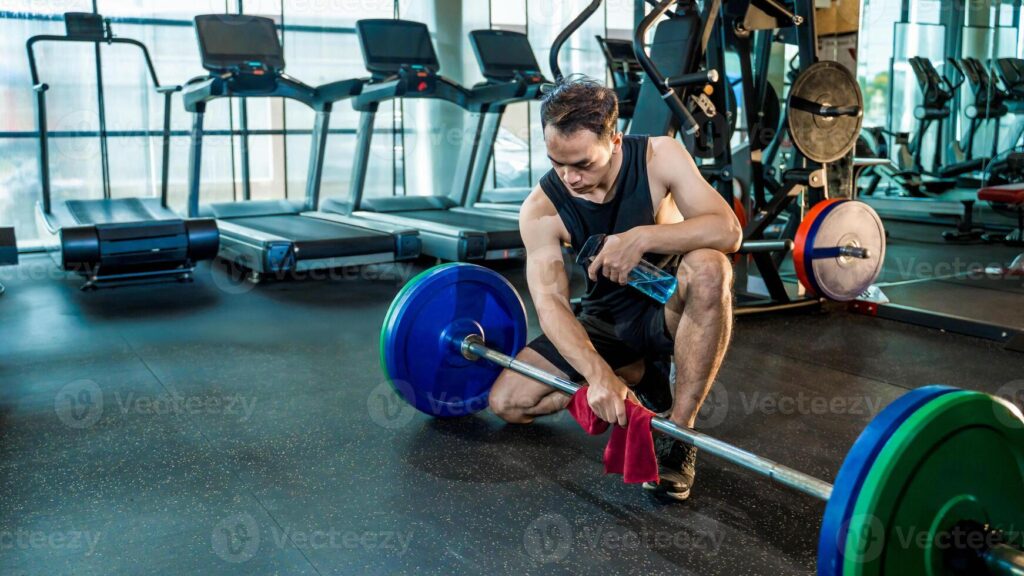 asian man wiping barbell with red towel in gym after workout practicing cleanliness and hygiene while holding a cleaner solution in fitness environment photo